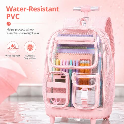WZLVO 3PCS Clear Backpack Rolling Backpack for Girls, Heavy Duty PVC Transparent Bookbag, See Through School Bags with Wheels for Teens Women Elementary Travel - Pink - color: Pink