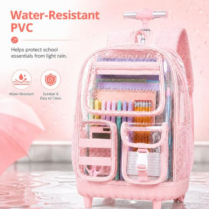 WZLVO 3PCS Clear Backpack Rolling Backpack for Girls, Heavy Duty PVC Transparent Bookbag, See Through School Bags with Wheels for Teens Women Elementary Travel - Pink - color: Pink