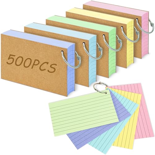 500PCS Colored Index Cards, 3x5 Inches Flash Cards with Ring, Lined on Both Side Notecards Ruled Study Card Flashcards Heavy Note Cards for Studying, Learning, School, College - size: 3x5