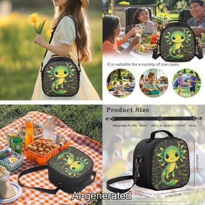 Green Axolotl School Backpack Set 5 Pieces with Lunch Bag Pencil Case and Water Bottle Holder for Kids Girls Boys Elementary and Middle School - color: Green Axolotl