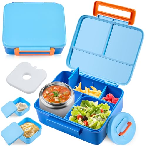 Bento Lunch Box for Kids with 8oz Soup Thermo Leak-Proof Lunch Food Containers with Snack Sauce Container for Kid Girls Boys to School, Blue - color: Pure Blue