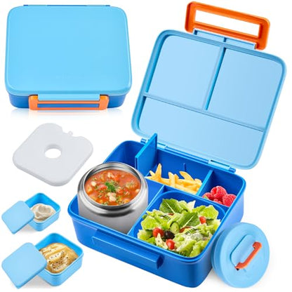Bento Lunch Box for Kids with 8oz Soup Thermo Leak-Proof Lunch Food Containers with Snack Sauce Container for Kid Girls Boys to School, Blue - color: Pure Blue