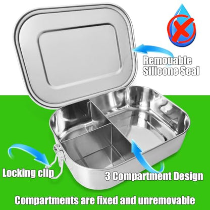 UPTRUST Leak Proof Stainless Steel Bento Lunch Container, (47OZ/1400ML) Metal Bento Lunch Box for Kids or Adults, 3 Compartment Packing Box for Work Lunch - size: 1400 ML - 3-Compartment