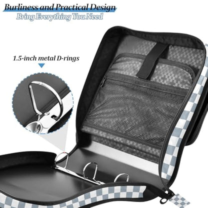 Blue and White Checkered Binder Bag 3 Ring Zipper Binders with Shoulder Strap for School Office Organizer Storage - color: Q002