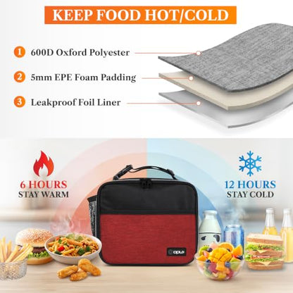 opux Insulated Lunch Bag for Kids, Reusable Lunch Box for School with Leakproof Lining, Compact Soft Cooler Tote for Boys & Girls, Front Pocket, Mesh Side Bottle Holder (Heather Red) - color: Heather Red