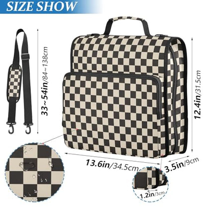 Beige Black Checkered Binder Bag 3 Ring Zipper Binders with Shoulder Strap for School Office Organizer Storage - color: Q001