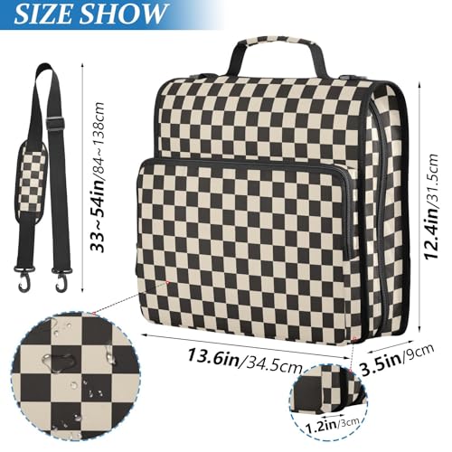Beige Black Checkered Binder Bag 3 Ring Zipper Binders with Shoulder Strap for School Office Organizer Storage - color: Q001