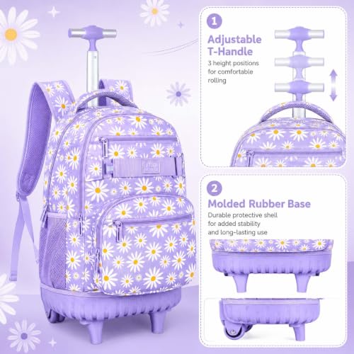AGSDON Rolling Backpack for Girls, Women Roller Wheels Bookbag, Laptop Daisy Wheeled School Bag with Wheels for Teens - color: Daisy Purple
