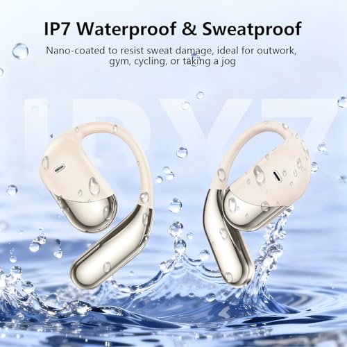 Open Ear Clip Wireless Earbuds Headphones, Bluetooth Built-in Mic, IPX7 Waterproof, LED Display Charging Case,Ear Hooks Ear Buds Ultra Comfort Design for Running/Walking/Cycling/Gym - color: Beige