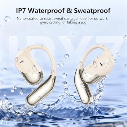 Open Ear Clip Wireless Earbuds Headphones, Bluetooth Built-in Mic, IPX7 Waterproof, LED Display Charging Case,Ear Hooks Ear Buds Ultra Comfort Design for Running/Walking/Cycling/Gym - color: Beige