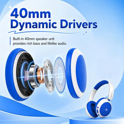 Kids Wireless Headphones with Active Noise Cancelling, 58H Playtime, Bluetooth 6.0, Safe Volume, Foldable Over-Ear Wireless Headset with 3.5mm Wired Option for iPad/Tablet,School,Travel - color: Blue