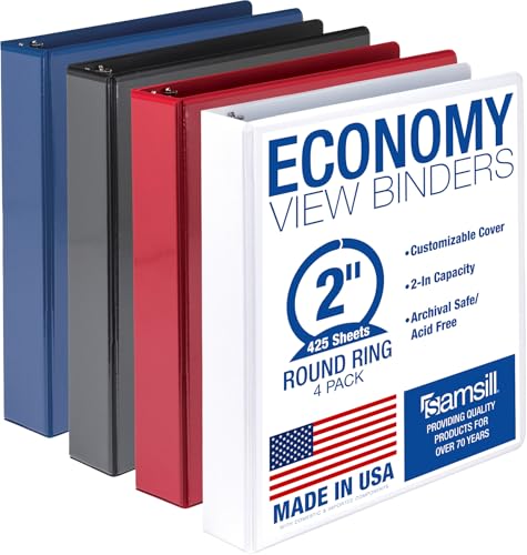 Samsill 2 Inch 3 Ring Binders, Economy Round Ring, Clear View Cover, 425 Sheet Capacity - for School, Home, Office - Assorted, 4 Pack - color: Assorted, size: 4-Pack, style: 2-Inch