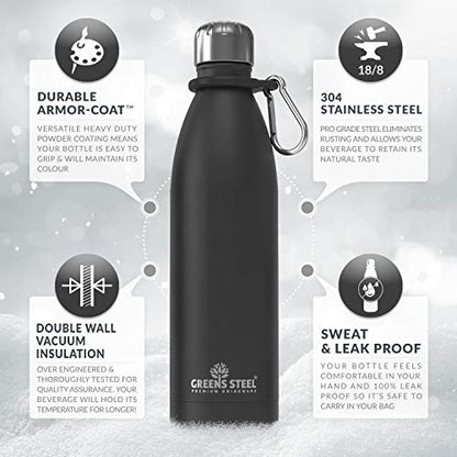 Greens Steel Stainless Steel Water Bottle - 25 oz, Black | Vacuum Insulated Double Wall with Screw Lid/Leak Proof | Thermal Travel Sports Canteen Coffee Flask - color: Black, size: 25 Ounces