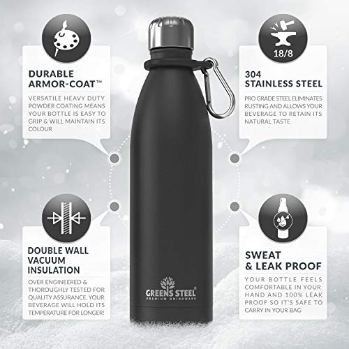 Greens Steel Stainless Steel Water Bottle - 17 oz, Black | Vacuum Insulated Double Wall with Screw Lid/Leak Proof | Thermal Travel Sports Canteen Coffee Flask - color: Black, size: 17 Ounces