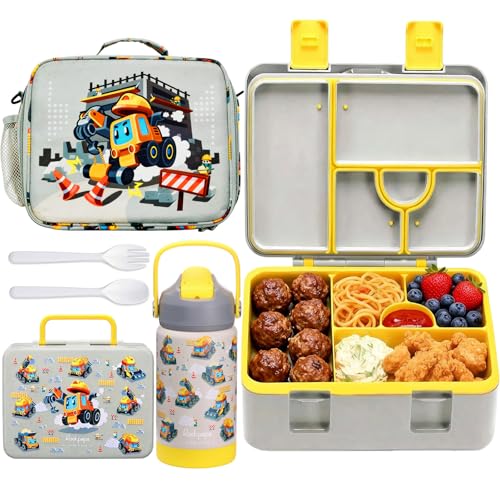 rockpapa Kids Lunch Box Set with 14oz Insulated Water Bottle & Lunch Bag, Leakproof 5.5 Cups Bento Box for School & Children, BPA-Free, Microwave Safe for Boys Girls (Grey Constr Turcks) - color: Grey Constr Turcks