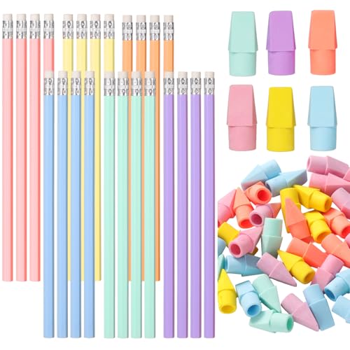 Gersoniel 24 Pack Pastel Macaron No.2 HB Pencils with 48 Eraser Caps, Aesthetic Cute Wooden Unsharpened Writing Pencils Bulk for Journaling, Planning, Office and Creative Workspaces - color: macaron Colors