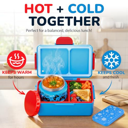 Bento Lunch Box for Kids with Thermos – Game Console Design with 12oz Insulated Stainless Steel Soup Jar and Built-in Ice Pack, 3-Compartment Leak-Proof Kids Bento Box for Boys Girls School Travel - color: Red-Game over