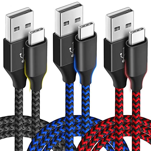 USB Type C Charger Cable 10ft 3 Pack, USB A to USB C Fast Charging Cord Compatible with iPhone 16 15 Pro Max Samsung Galaxy S24 S23 S22 S21 S20 S10, Android Cell Phones and More- Black Blue Red