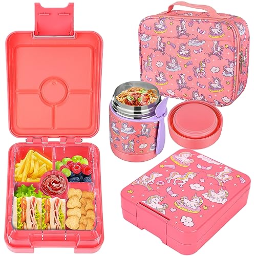 Bento Lunch Box Set for Kids with 10oz Soup Thermo, Leak-Proof Lunch Containers with 4 Compartment, Kids Thermo Hot Food Jar and Insulated Lunch Bag for Kid to School,BPA-Free(Unique Horse) - color: Pink-Unique Horse
