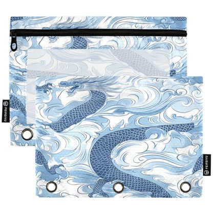 Studying 2 Pack Asian Stylish Blue Clouds Dragon Sky 3 Ring Binder Pencil Pouch Bags,Clear Window Zipper Storage Case for Boys Girls School Office Supplies Cosmetics Organizers - color: Multi-clouds Dragon