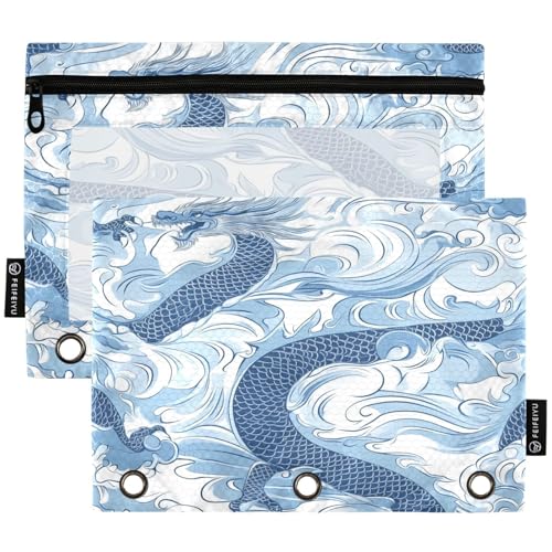 Studying 2 Pack Asian Stylish Blue Clouds Dragon Sky 3 Ring Binder Pencil Pouch Bags,Clear Window Zipper Storage Case for Boys Girls School Office Supplies Cosmetics Organizers - color: Multi-clouds Dragon