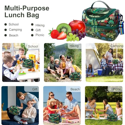 RHCPFOVR Kids Lunch Bag - Double Decker Cooler Insulated Lunch Box for Boys Girls,Washable Lunch Bag and Reusable Toddler Lunchbox for School and Daycare - color: Dinosaur