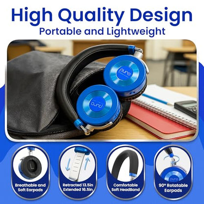 Puro Sound Labs JuniorJam Plus Volume-Limiting Wireless Bluetooth Headphones for Kids, Secure Audio with Adjustable On-Ear Design, 22-Hour Battery Life, Ideal for Tablets, Smartphones & PCs - Blue - color: Blue