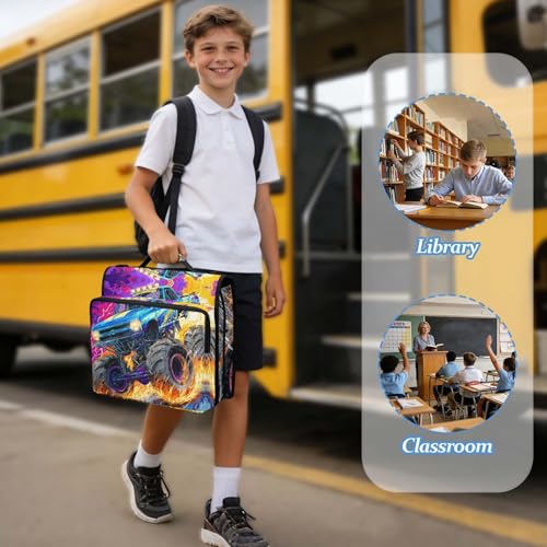 Monster Truck 3 Ring Zipper Binder Bag with Laptop Pockets and Shoulder Strap Tote Binders Organizer Case for School Office - color: Monster Truck