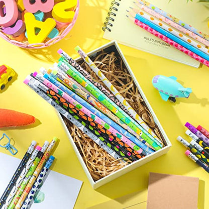 Epakh 100 Pieces Back to School Cartoon Wooden Pencils Bulk Colorful Cute Pattern Writing Pencils with Top Eraser Incentive Reward Gifts for Students Teacher Classroom Kids Party Supplies Favors