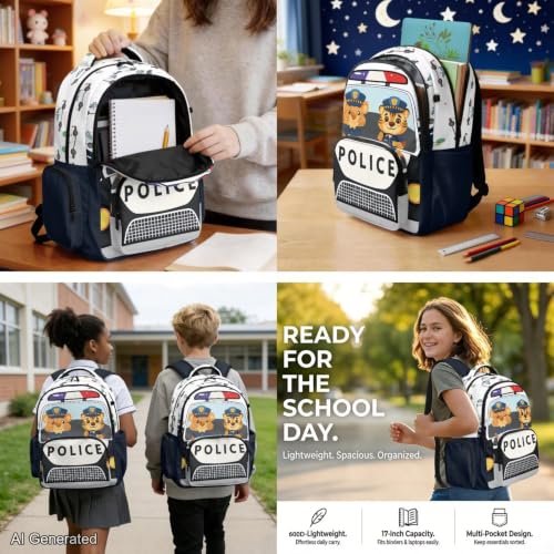 Cute Police Car Backpack for Kids Backpack Set of 4 with Lunch Bags Box Pencil Pouch for Boys Age 6-12 4Th 5Th 6Th Grade Water Bottle Holder Middle Kindergarten Primary School Bag 17 inch - color: Cute Police Car