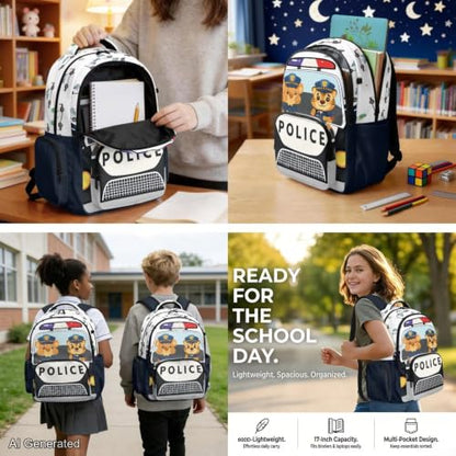 Cute Police Car Backpack for Kids Backpack Set of 4 with Lunch Bags Box Pencil Pouch for Boys Age 6-12 4Th 5Th 6Th Grade Water Bottle Holder Middle Kindergarten Primary School Bag 17 inch - color: Cute Police Car