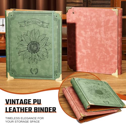 Ovesmusl Sunflower PU Leather 3 Ring Binder Fits 8.5"x11" Letter Size Paper, 2 Inch Round Ring Binder Holds 500 Sheets, Notepad Paper Cover Loose Leaf Organizer, Green - color: Green Flower, size: 2" Ring