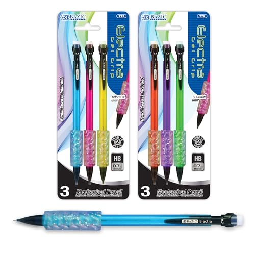 BAZIC Electra 0.7 mm Fashion Color Mechanical Pencil with Gel Grip, 3 per Pack (772-12P) | 0.7 mm HB #2 lead; soft gel grip; assorted colors; refillable; Eraser under cap; comfortable writing - size: 1 Count (Pack of 1)