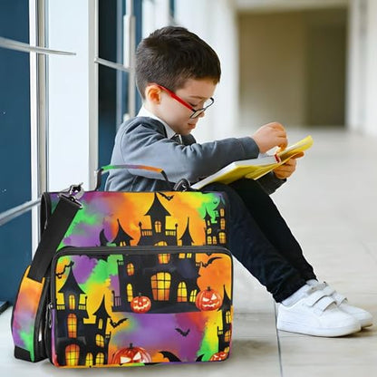3 Ring Zipper Binder Spooky Haunted House Binder Organizer Portfolio with File and Shoulder Strap & Handle Large Capacity File Folder - color: Haunted House