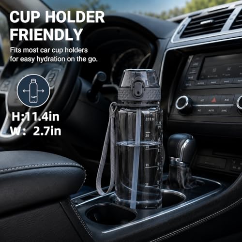 GOPPUS 32 oz Clear Water Bottle with Straw, BPA Free Tritan Water Bottle, Leakproof Clear Motivational Water Bottle, Wide Mouth Sports Water Bottle for Gym, Hiking, School, Office - color: C-Grey