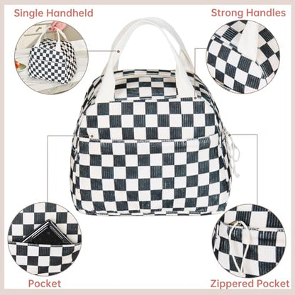 Lunch Bag for Women Men - Reusable Insulated Lunch Box with Handle, Leakproof Checkered Design for Office, School, Picnic - color: White-Black-Grid