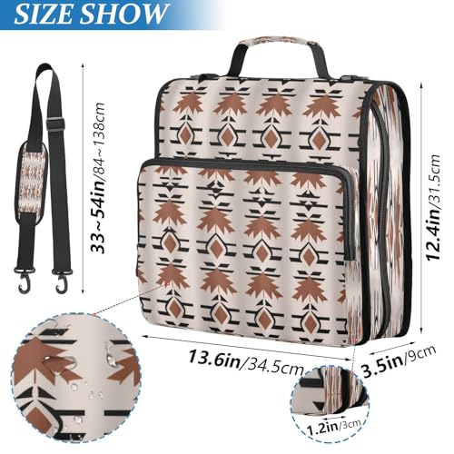 Western Aztec Zippered Binder Bag with Handle and Shoulder Strap, 1.5 inch 3 Ring D Ring Expanding File Folder Waterproof Multiple Pockets Organizer Binder