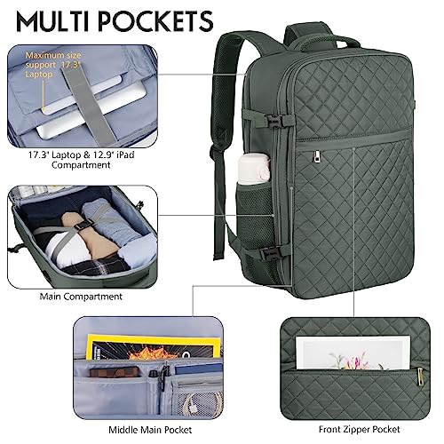MOMUVO Large Travel Backpack Women, Flight Approved Carry On Backpack, Water Resistant Anti-Theft Large Casual Daypack Fit 17 Inch Laptop with USB Charging Port, Olive Green - color: Olive Green, size: 17.3 inch