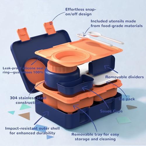 Bento Box for Kids, Leakproof Kids Bento Lunch Box Container with 8oz Insulated Thermo Food Jar, Sauce Jar, Utensil, DIY Stickers for School Boys Girls, 3-4 Compartments, BPA-Free - color: Navy Orange