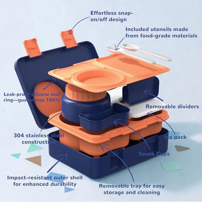 Bento Box for Kids, Leakproof Kids Bento Lunch Box Container with 8oz Insulated Thermo Food Jar, Sauce Jar, Utensil, DIY Stickers for School Boys Girls, 3-4 Compartments, BPA-Free - color: Navy Orange