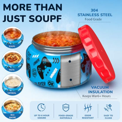 Bento Lunch Box for Kids with Thermos – Game Console Design with 12oz Insulated Stainless Steel Soup Jar and Built-in Ice Pack, 3-Compartment Leak-Proof Kids Bento Box for Boys Girls School Travel - color: Red-Game over