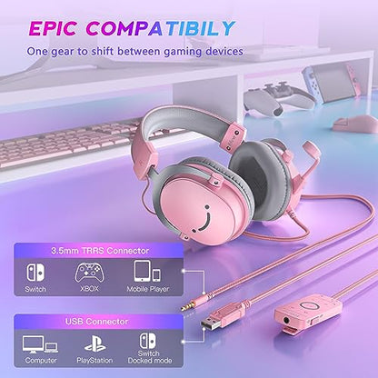 FIFINE USB Gaming Headset, PC Over-Ear Wired Streaming Headset with 3.5mm Jack, Detachable Microphone, 7.1 Surround Sound, Control Box, Passive Noise Cancellation, for PS5/Xbox/Switch-H9 Pink - color: Pink