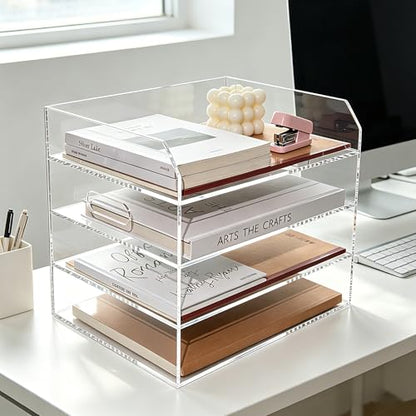 Paper Tray Organizer for Desk, 4 Tier Acrylic Desk Organizers and Accessories, One-Piece Integrated A4 Paper Organizer with Handles, Crystal-Clear Letter Tray & Office File Holder, Books Notes - size: 4-Tier-Horizontal