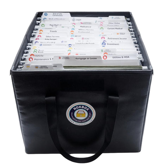 Nokbox Fireproof & Water-Resistant Document Organizer Box — 15 Color-Coded Hanging Folders, 67 Labeled Sub-Folders & Instructions for Estate Planning, Emergency Preparedness & Family Record-Keeping