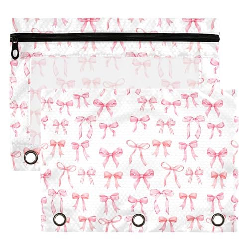 Wamika Bowknot Pink White Binder Pouches 3 Ring for Boys Girls School Office College Supplies Cute Bow Ribbon Doodle Pattern Pencil Pouches Case Bag with Clear Window and Zipper 2 pack - color: Bowknot