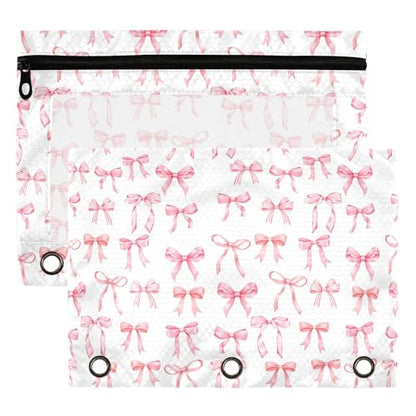 Wamika Bowknot Pink White Binder Pouches 3 Ring for Boys Girls School Office College Supplies Cute Bow Ribbon Doodle Pattern Pencil Pouches Case Bag with Clear Window and Zipper 2 pack - color: Bowknot