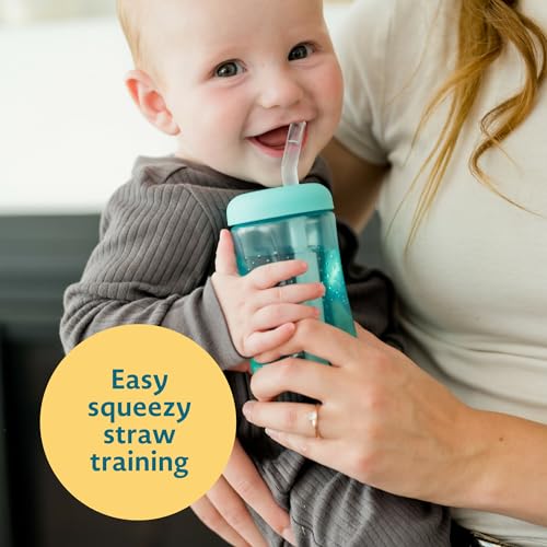 The First Years Squeeze & Sip Toddler Straw Cups - Squeezable Transition Sippy Cup with Silicone Straw - Toddler Feeding Supplies - 7 Oz - 3 Count - Ages 6 Months and Up - color: Green/Teal