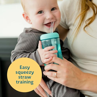 The First Years Squeeze & Sip Toddler Straw Cups - Squeezable Transition Sippy Cup with Silicone Straw - Toddler Feeding Supplies - 7 Oz - 3 Count - Ages 6 Months and Up - color: Green/Teal