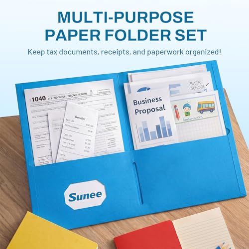 SUNEE Two Pocket Folders, 100 Pack File Folders with Business Card Slot, Textured Paper, Fit Letter Size Paper, Paper File Folder for School Office Home Business, Blue - color: Blue, style: 100-Pack