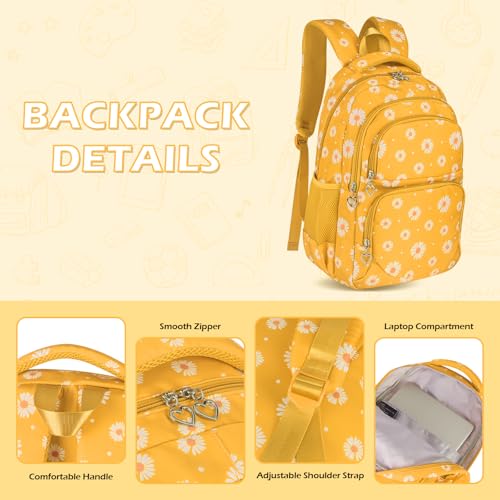 Glodwheat Daisy Printed Backpack For Girls- 3Pc Set With Lunch Box & Pencil Case, Lightweight Water-Resistant Bookbag For Elementary School - color: Lemon